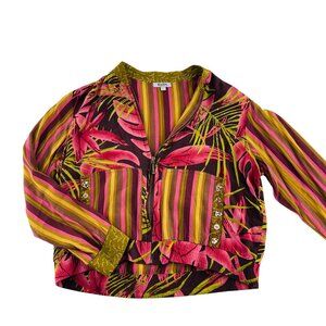 Vintage Faith Women's Windbreaker Jacket M Tropical Floral & Stripes Multicolor‎
